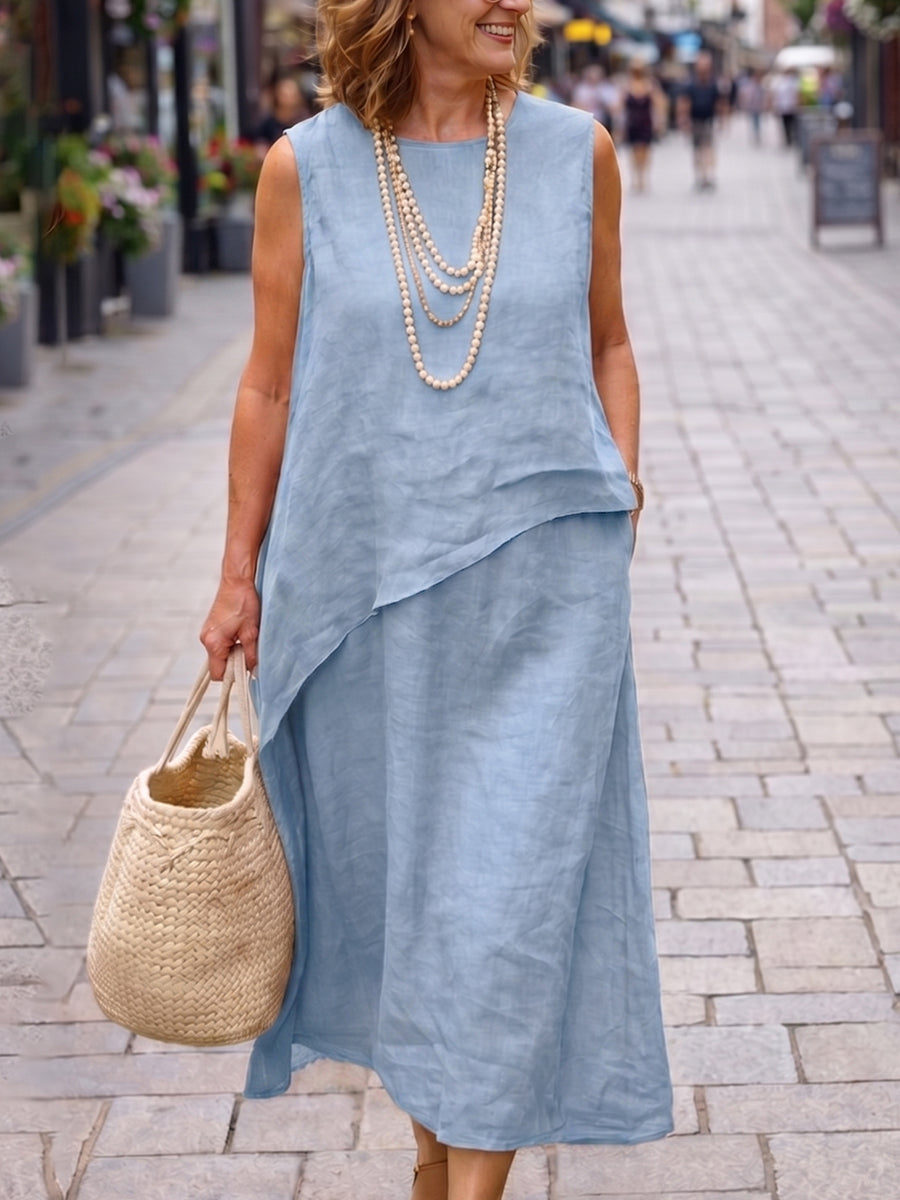 Minimalist & Elegant Faux Two-piece Cotton-linen Midi Dress
