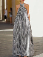 Classic Striped Elegant Vacation Halter Neck Maxi Dress