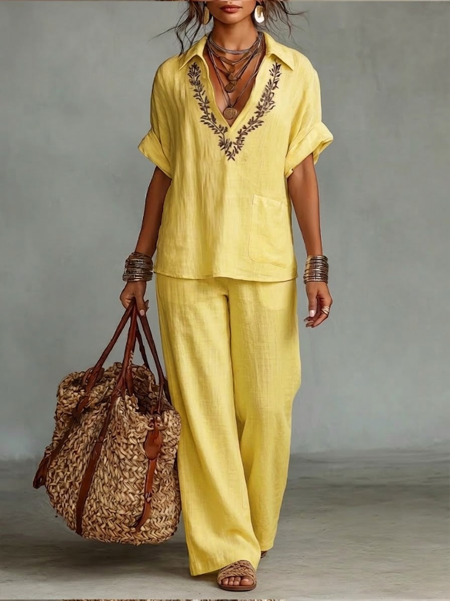 Casual Linen And Cotton Shirt And Trousers Two-piece Set
