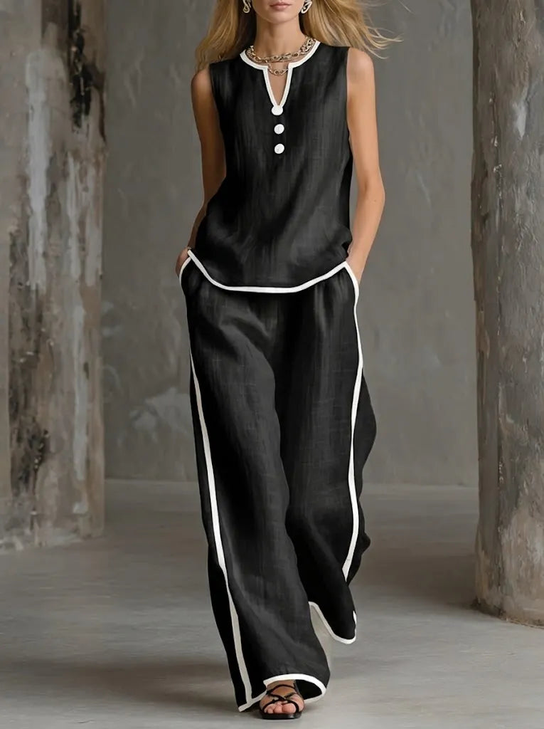 Cozy Black-trimmed Linen And Cotton Sleeveless Top And Pants Two-piece Set