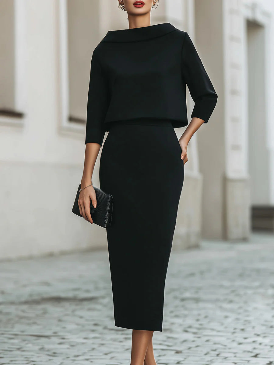 Women's Solid Color Boat Neck 3/4 Sleeve Casual Loose Top And High Waist Casual Slim Pencil Skirt Set