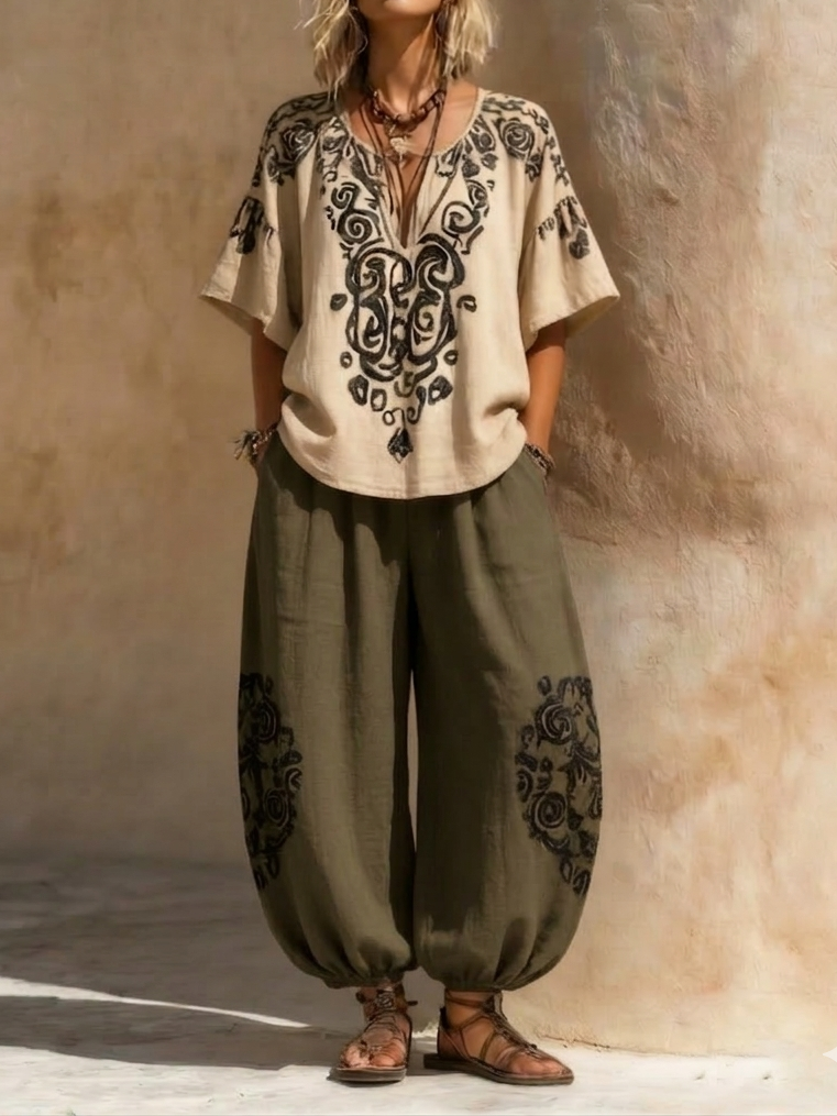Stylish Bohemian Cotton And Linen Two-piece Set