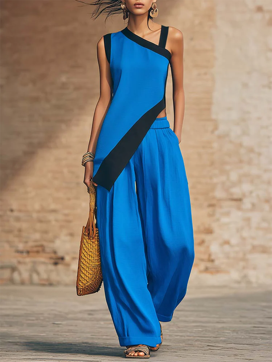 Stylish Irregular Contrast-color Trim Cotton-linen Two-piece Set