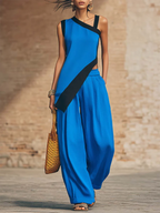 Stylish Irregular Contrast-color Trim Cotton-linen Two-piece Set
