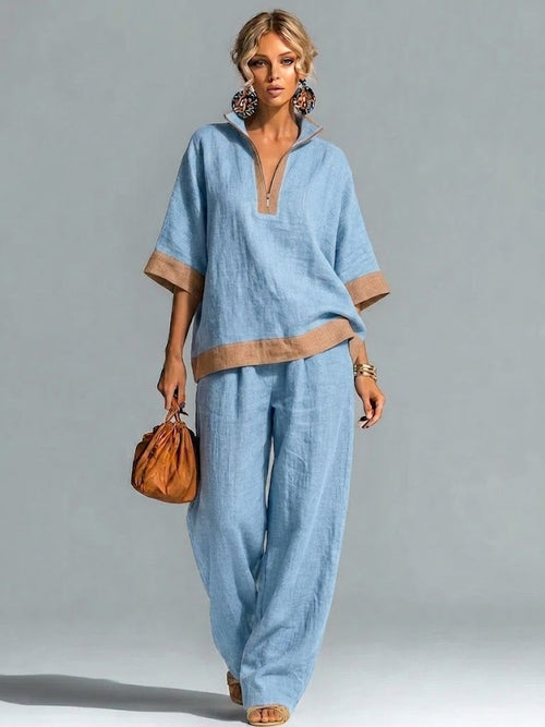 Casual Color-block Half-zip Linen And Cotton Top And Pants Two-piece Set