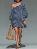 Women's Round Neck 3/4 Sleeve Casual Loose Cotton Linen Dress