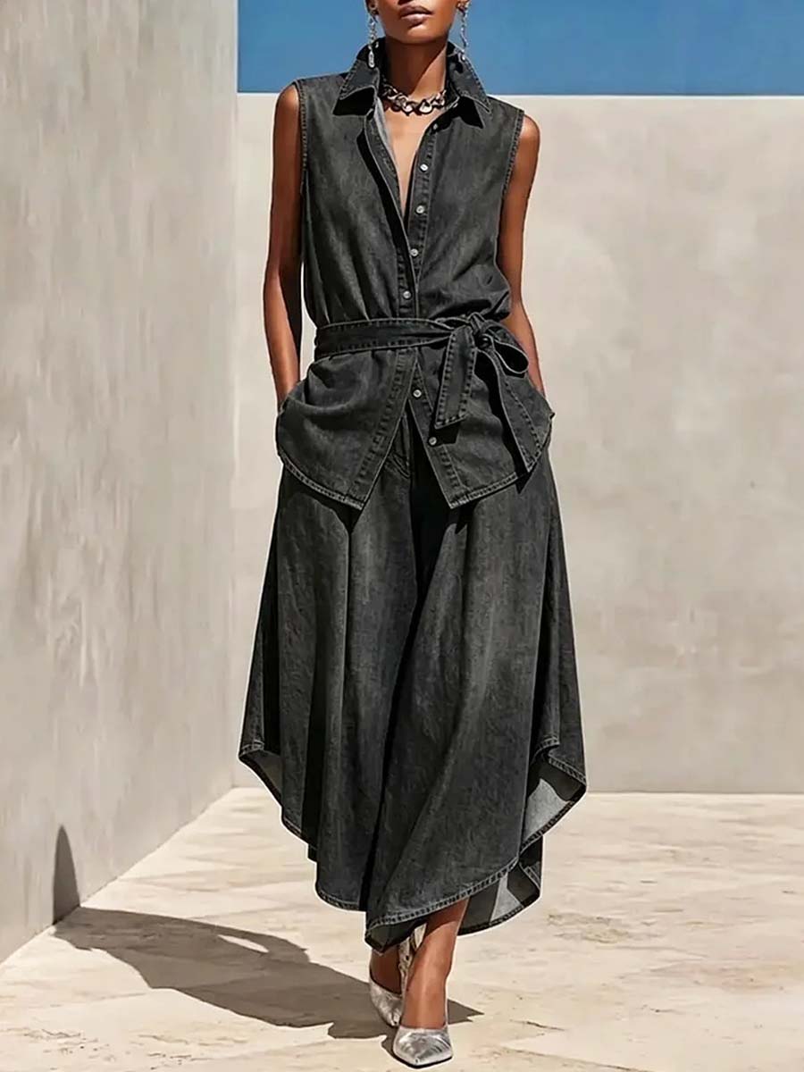 Women's Casual Art Comfortable Loose Top And Wide-leg Pants Denim Two-piece Set