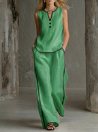 Cozy Black-trimmed Linen And Cotton Sleeveless Top And Pants Two-piece Set