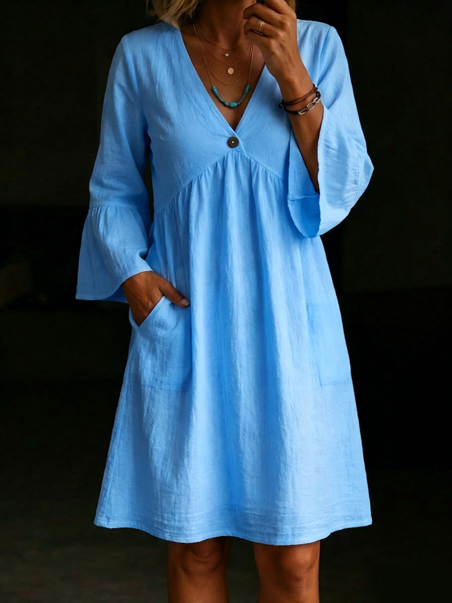 Women's V-neck Ruffle Sleeves Cotton Dress