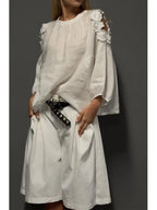 Stylish Casual Two-piece Set: Linen & Cotton Top With 3d Floral Embellishments And Cotton Shorts