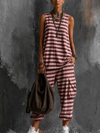 Casual Street Style Two-piece Set: Sleeveless Striped Cotton T-shirt And Striped Pants