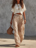 Cotton-linen Cropped T-shirt + Leopard Print Wide-leg Pants Set