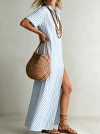 Stylish Stand-collar Striped Loose-fit Cotton-linen Maxi Dress