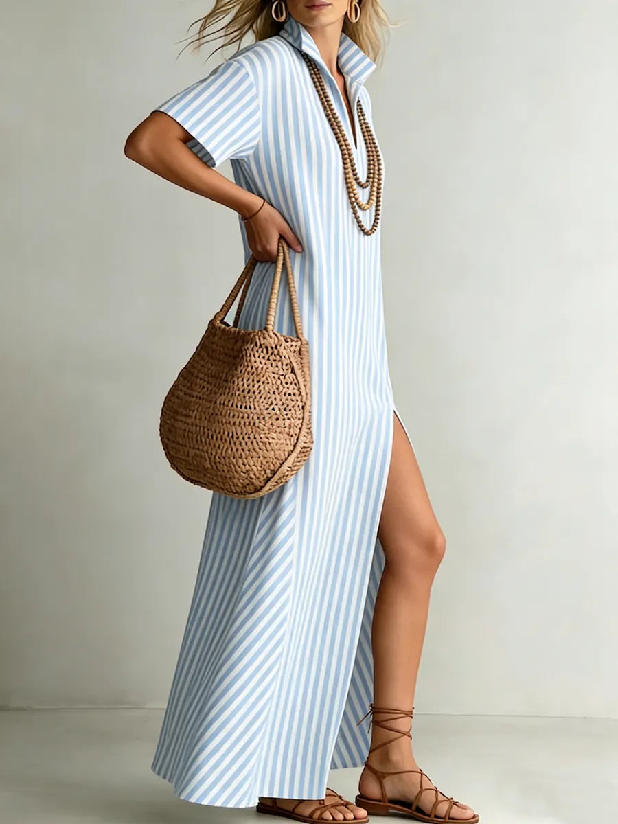 Stylish Stand-collar Striped Loose-fit Cotton-linen Maxi Dress