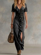 Women's V-neck Short-sleeve Ruffled Denim Dress