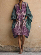 Women's Vintage-Print V-Neck 3/4-Sleeve Casual Loose Cotton-Linen Dress