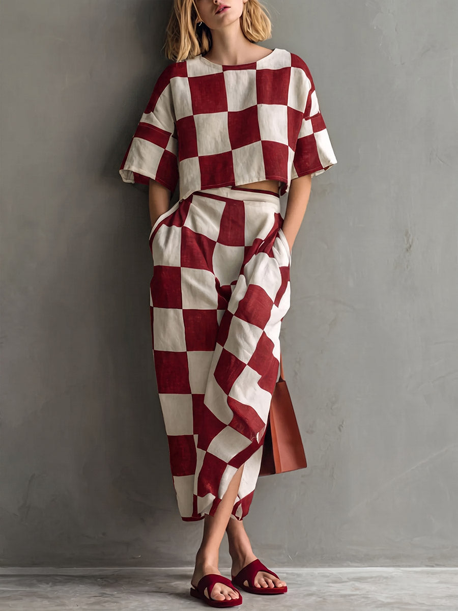 Women's Plaid-print Cotton-linen Two-piece Set: Short-sleeve Crewneck Loose-fit Top & High-waisted A-line Skirt