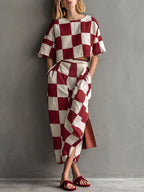 Women's Plaid-print Cotton-linen Two-piece Set: Short-sleeve Crewneck Loose-fit Top & High-waisted A-line Skirt