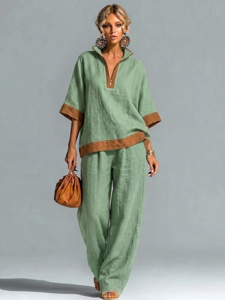 Casual Color-block Half-zip Linen And Cotton Top And Pants Two-piece Set