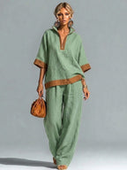 Casual Color-block Half-zip Linen And Cotton Top And Pants Two-piece Set