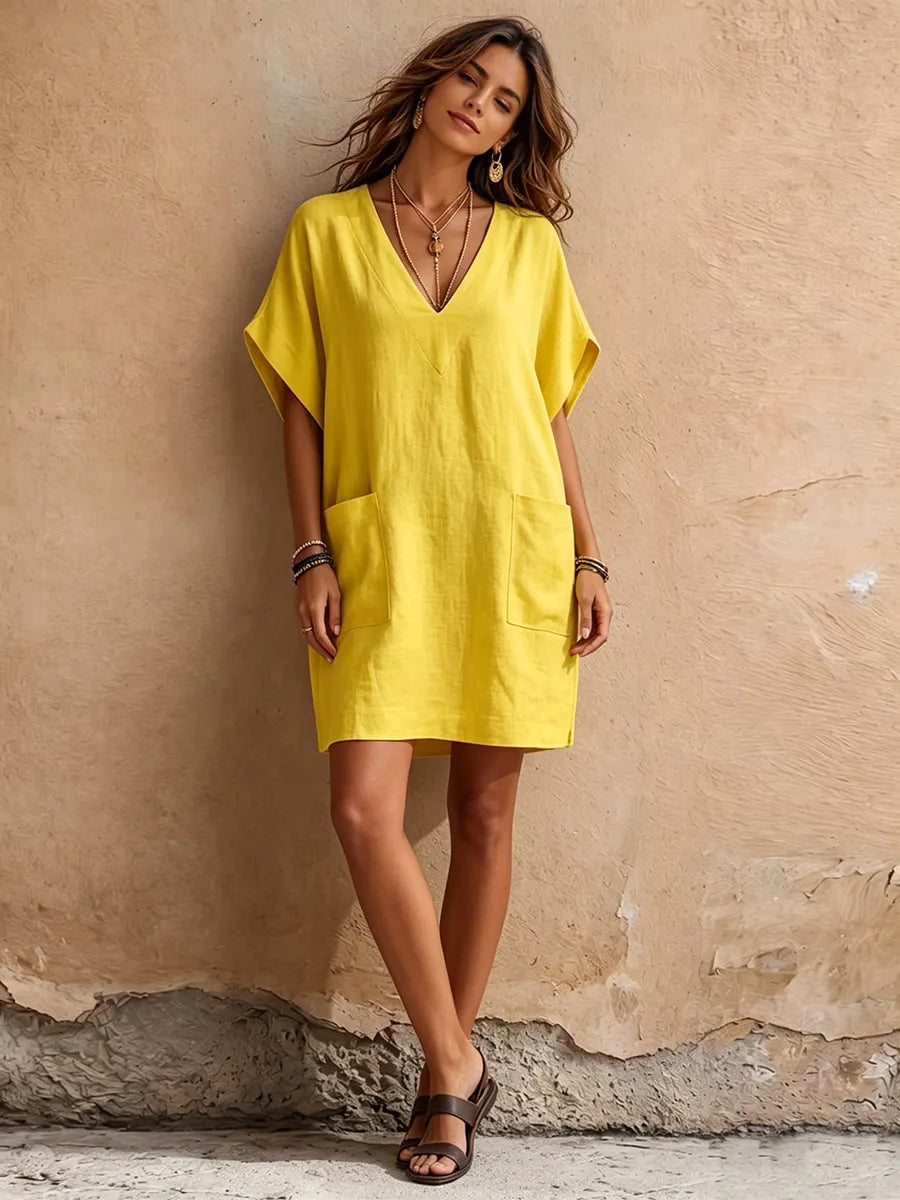 Minimalist & Elegant V-neck Batwing Sleeves Cotton-linen Dress
