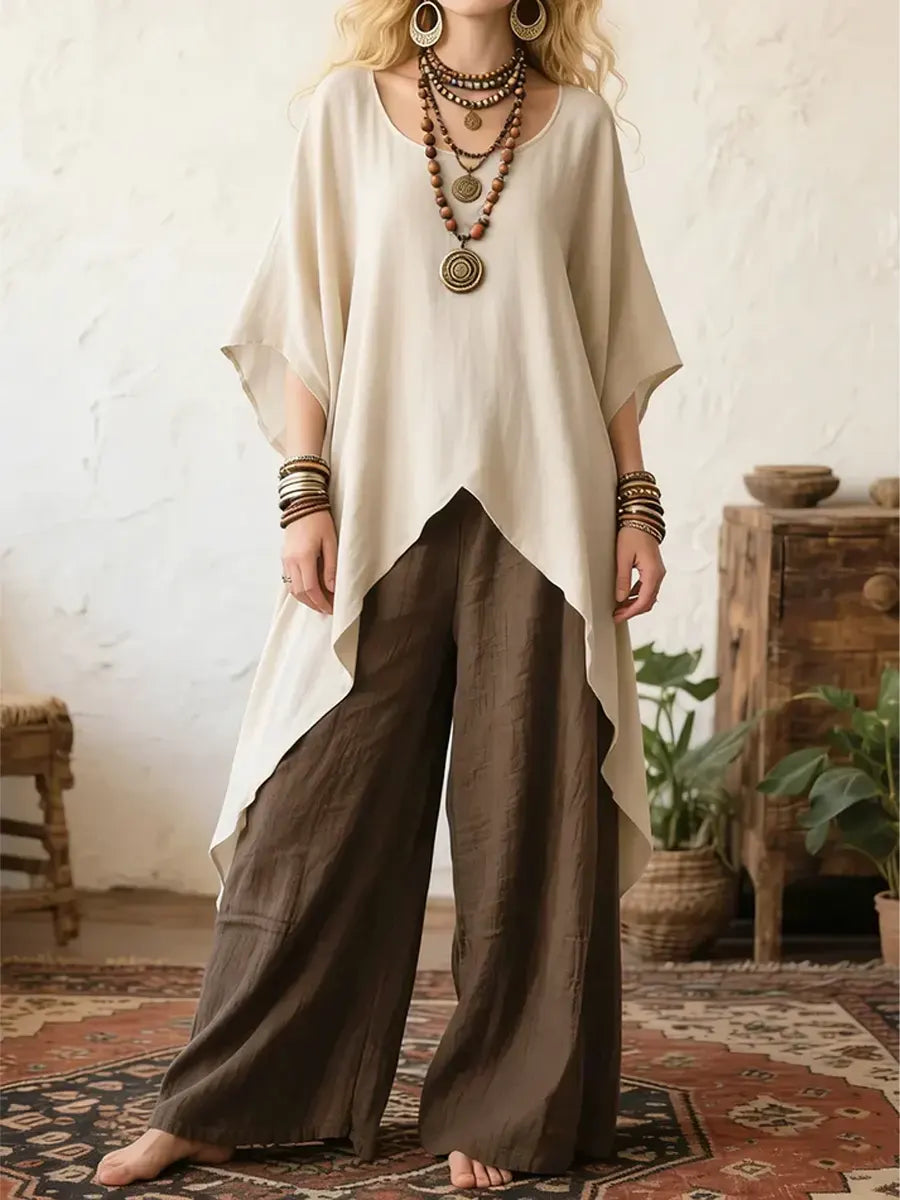 Women's Ethnic Comfortable Loose Top + Pants Cotton Linen Two-piece Set