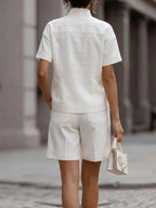 Women's V-neck Short-sleeved Casual Loose Cotton Linen Top High-waisted Casual Loose Wide-leg Shorts Cotton Linen Set