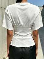 Women's White Short-Sleeve T-Shirt with Faux Two-Piece Waist-Cinching Design