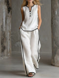 Cozy Black-trimmed Linen And Cotton Sleeveless Top And Pants Two-piece Set