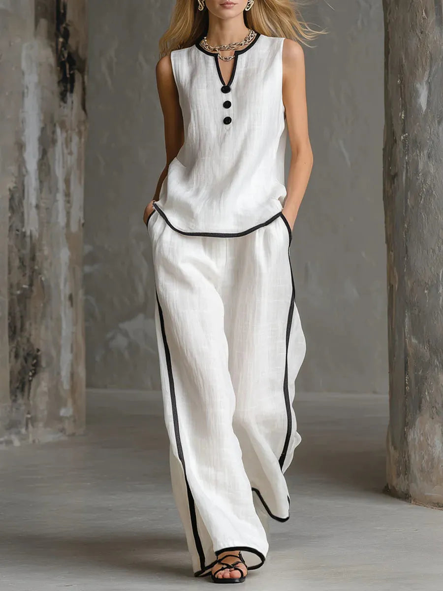 Cozy Black-trimmed Linen And Cotton Sleeveless Top And Pants Two-piece Set