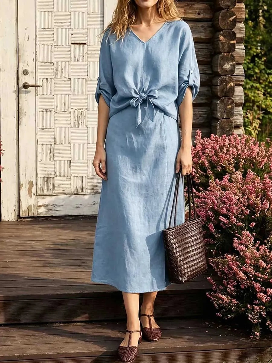 Women's Solid-color Cotton-linen Two-piece Set: Loose-fit V-neck 3/4-sleeve Top & High-waisted A-line Skirt