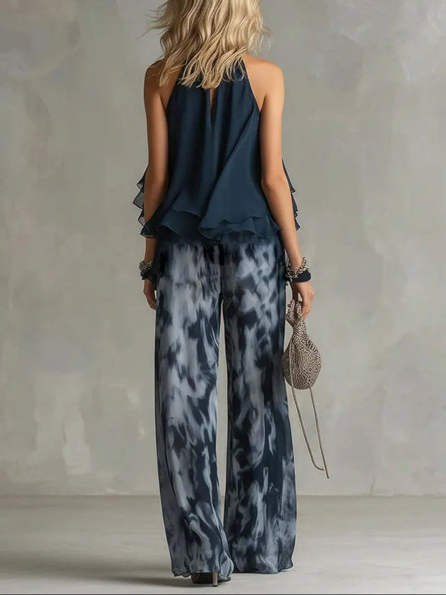 Women's Sleeveless Halter-neck Top And Printed Chiffon Pants Set