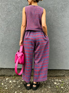 Retro Plaid Sleeveless Top& Wide-leg Pants Two-piece Set