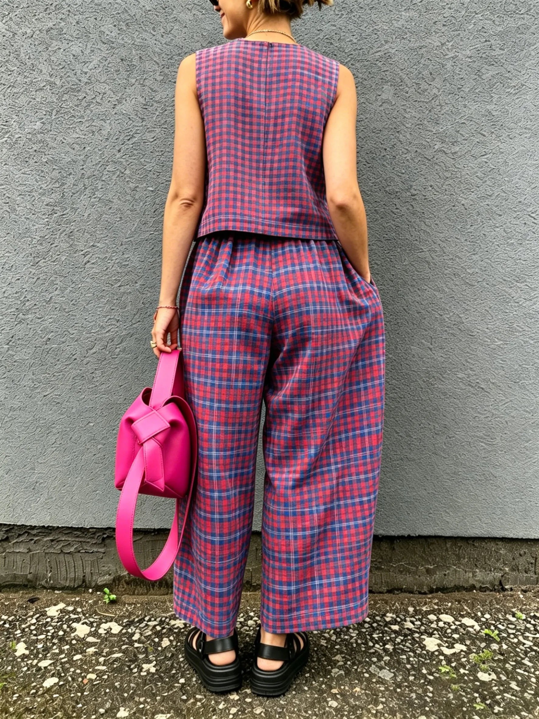 Retro Plaid Sleeveless Top& Wide-leg Pants Two-piece Set