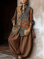 Bohemian-print Linen And Cotton Shirt And Pants Two-piece Set