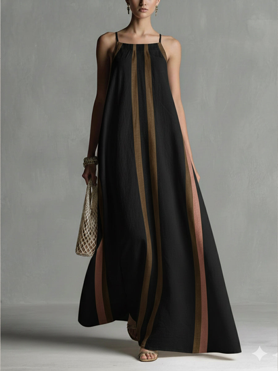 Casual Striped Linen And Cotton Maxi Sleeveless Dress