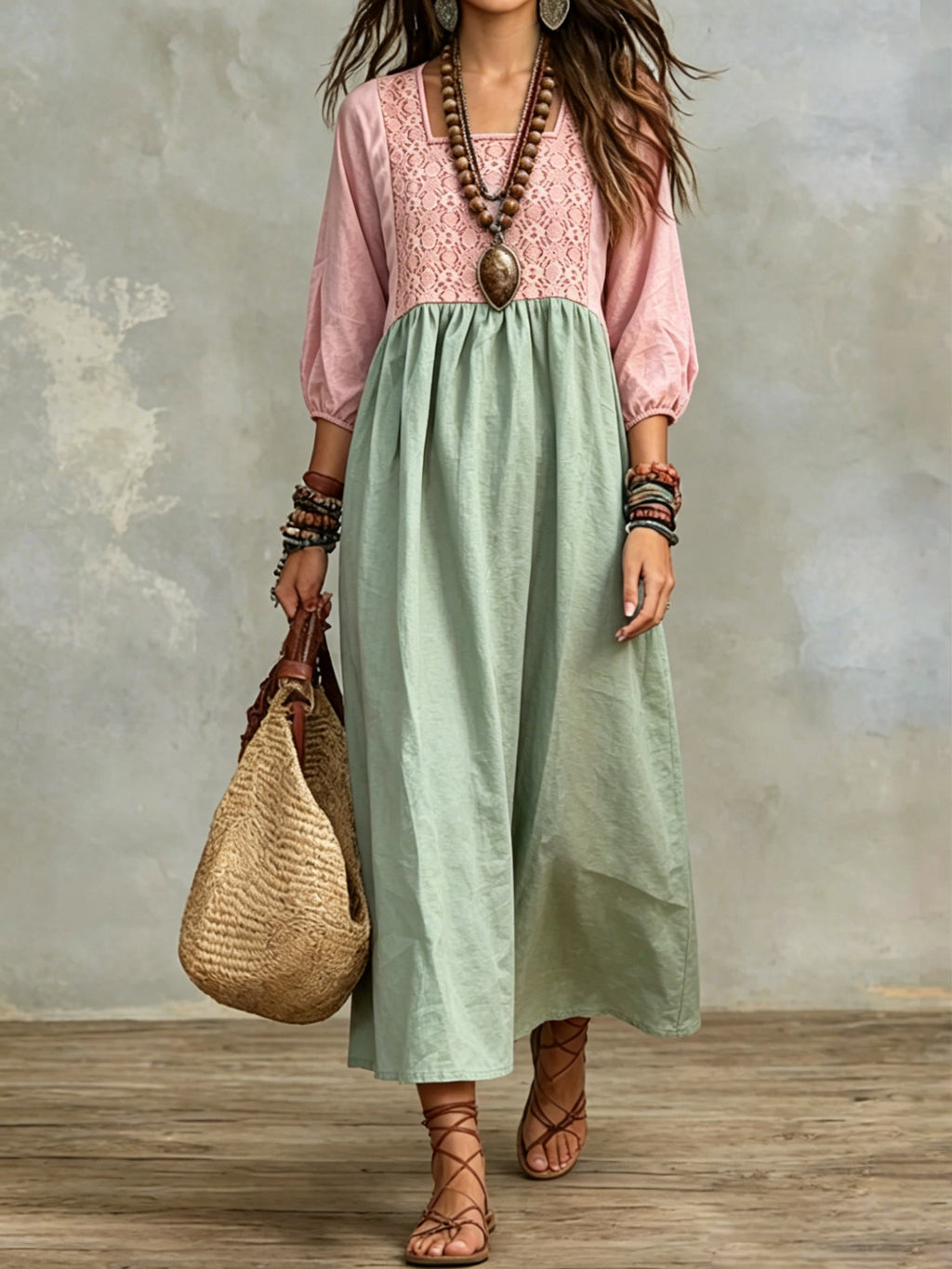 Bohemian-style Color-block Cotton-linen Dress