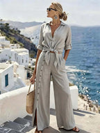 Women'S Casual Solid-Color Shirt And Button-Up Pants Set