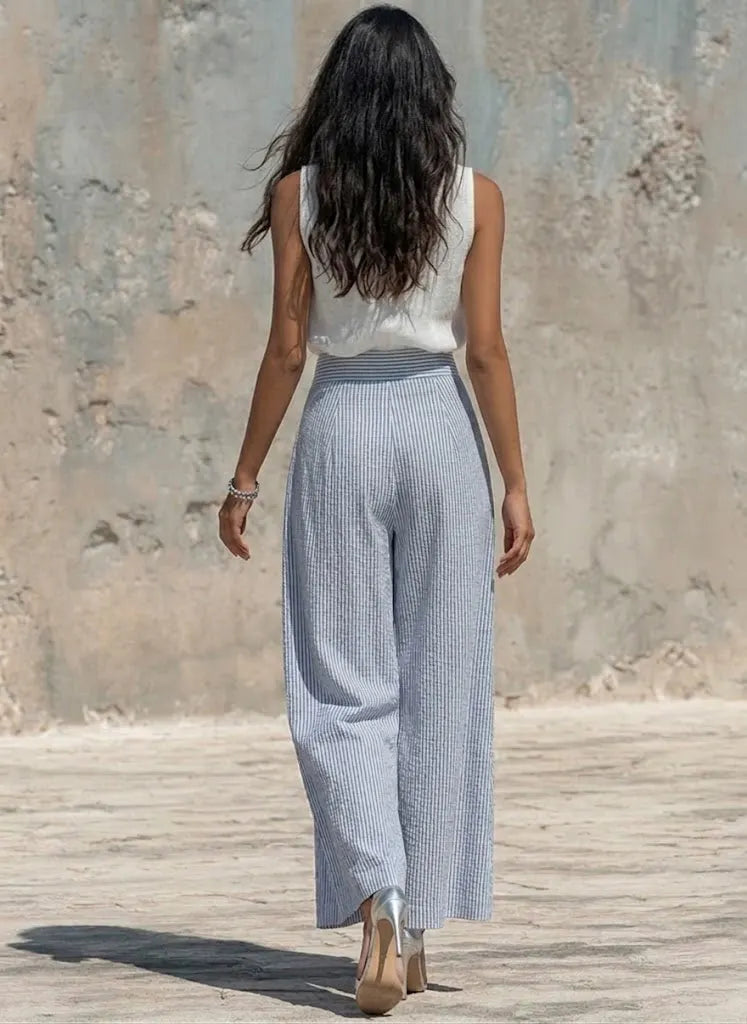 Casual Sleeveless Linen-cotton Top And Striped Wide-leg Pants Two-piece Set