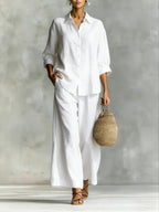 Women's Simple Cotton And Linen Shirt Set