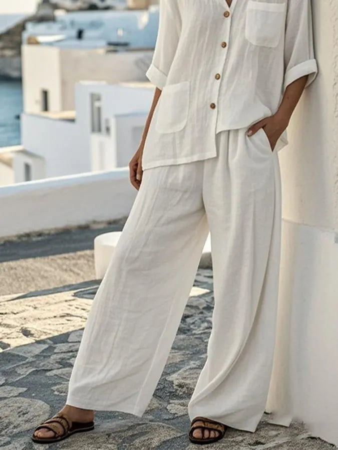 Women'S Solid Color V-Neck Button Cotton And Linen Two-Piece Set