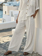 Women'S Solid Color V-Neck Button Cotton And Linen Two-Piece Set