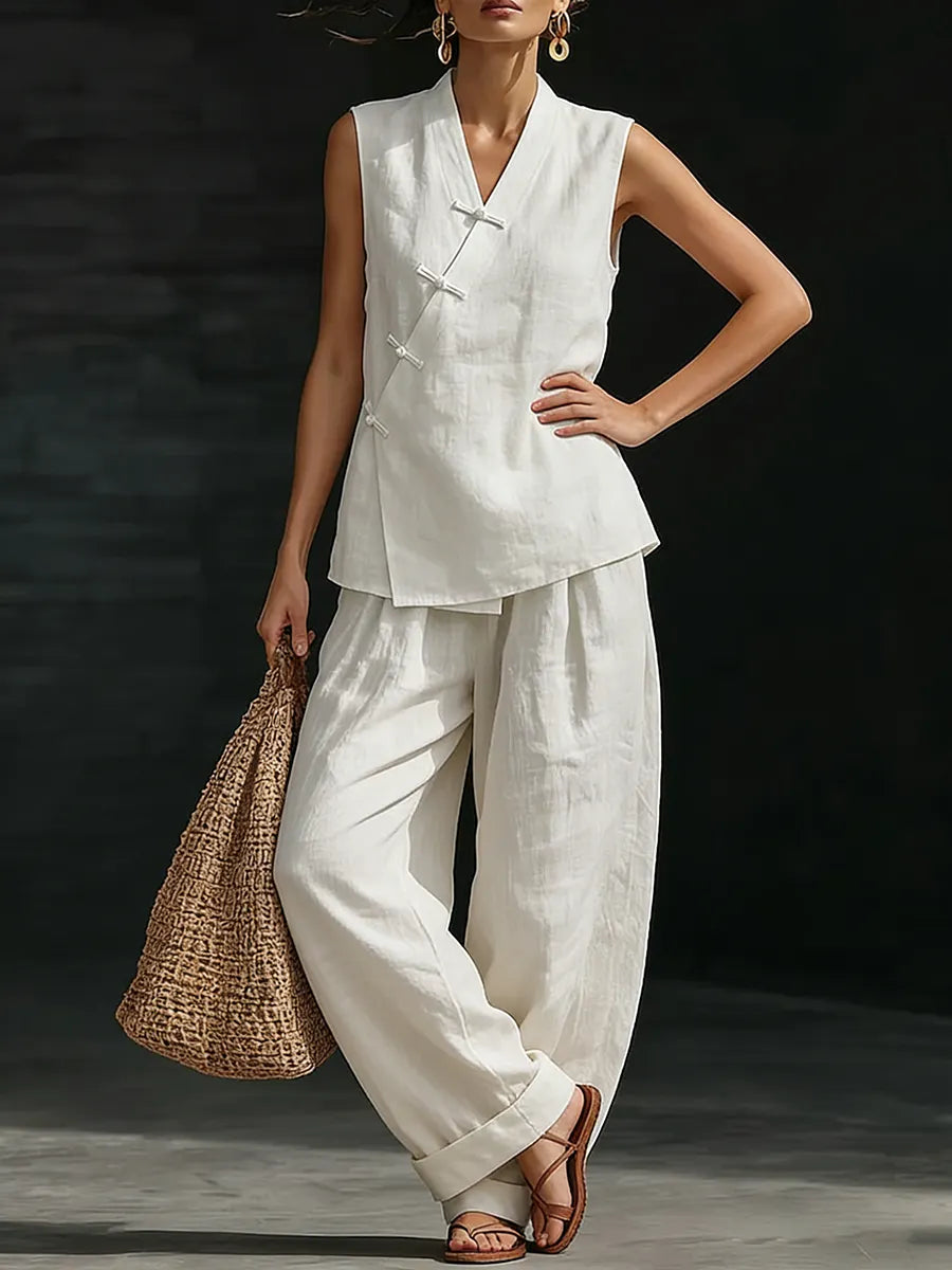 Stylish & Cozy Frog Closures Cotton-linen Two-piece Set