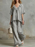 Casual Two-piece Set Of Linen And Cotton Top With Ruffled Collar And Polka Dot Pants