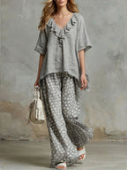 Casual Two-piece Set Of Linen And Cotton Top With Ruffled Collar And Polka Dot Pants