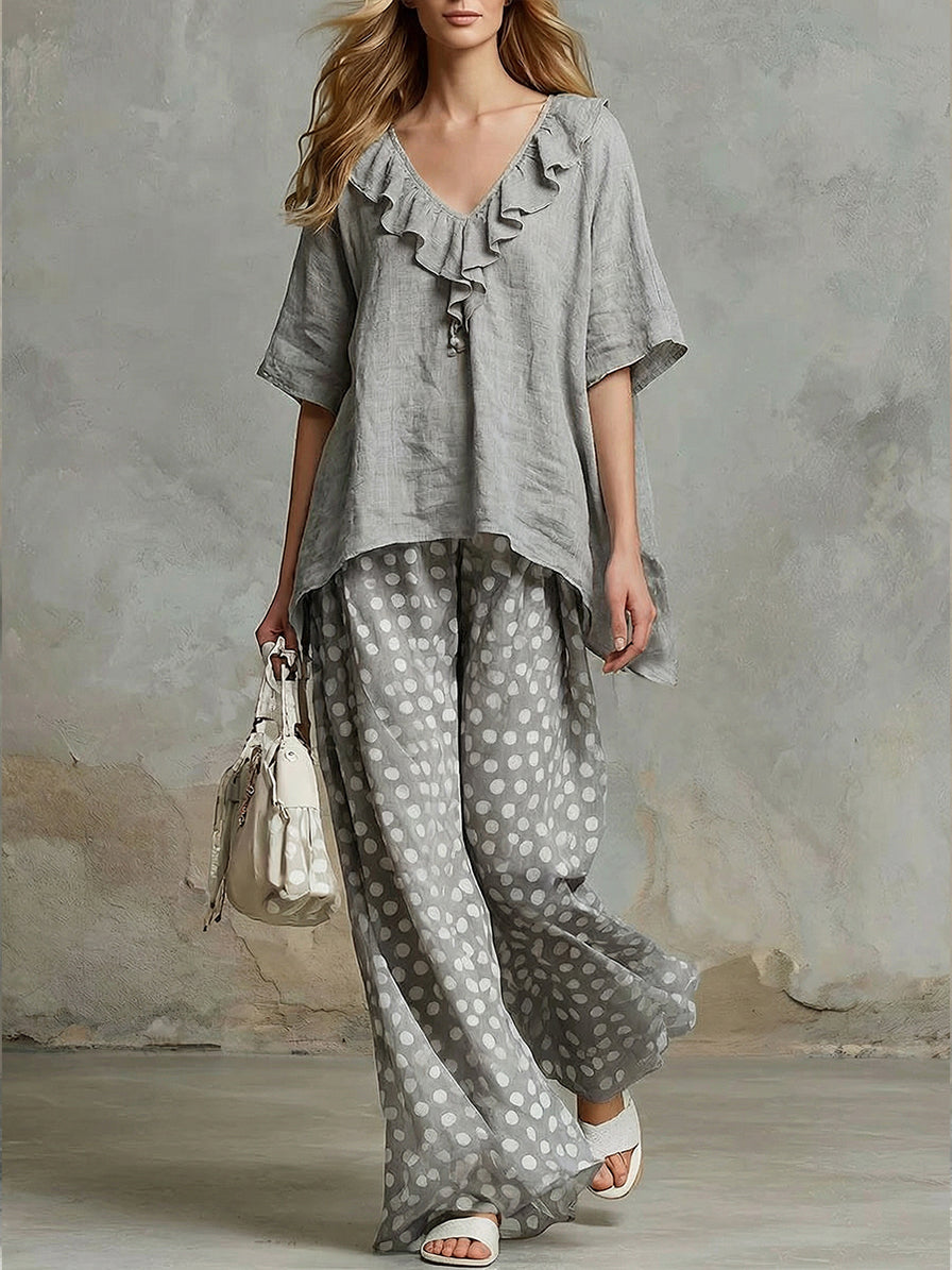 Casual Two-piece Set Of Linen And Cotton Top With Ruffled Collar And Polka Dot Pants