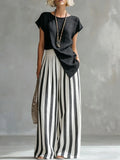 Cozy Loose-fit Striped Cotton-linen Two-piece Set
