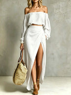 Solid-color Off-shoulder Top And Asymmetrical Skirt Two-piece Set