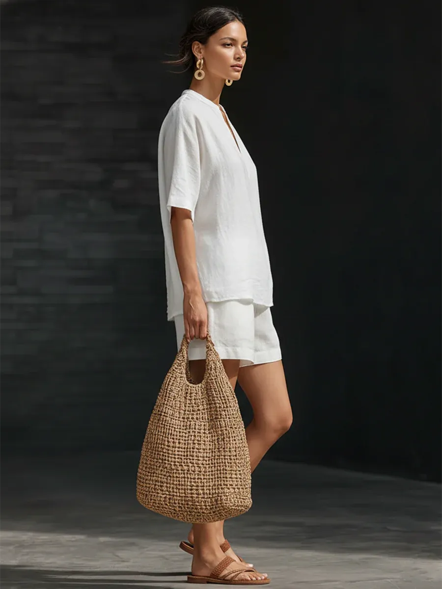 Minimalist Cozy Basic Linen And Cotton Two-piece Set