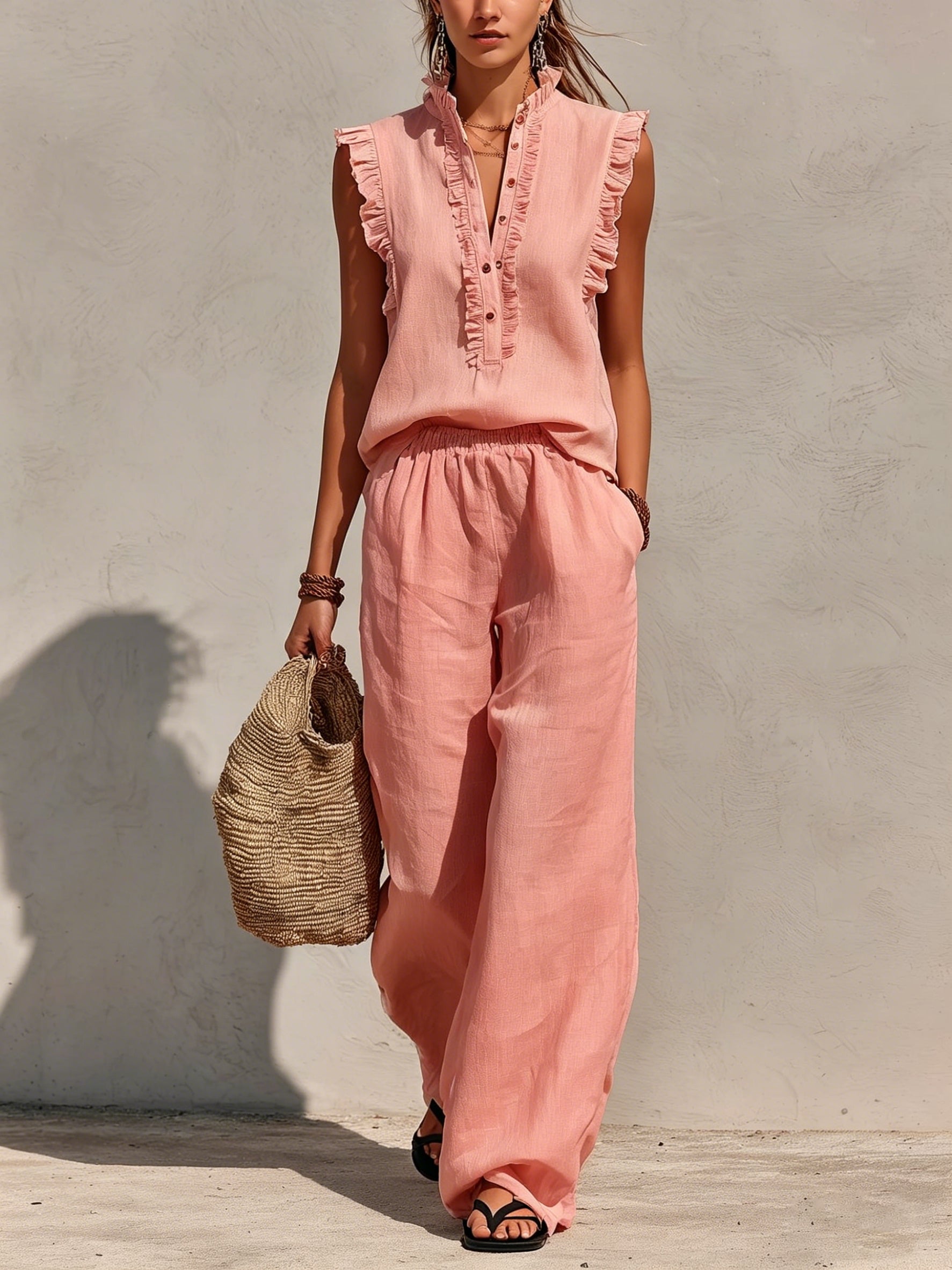 Sleeveless Ruffled V-neck Topï1⁄4elastic-waist Wide-leg Pants â Cotton-linen Casual Set